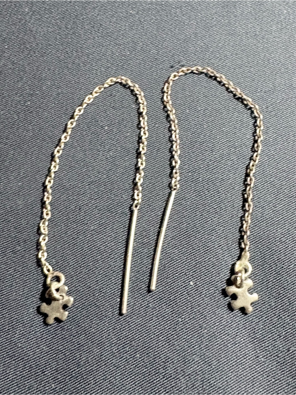 Delicate Silver Threader Earrings with Puzzle Charm and puzzle ring size 7